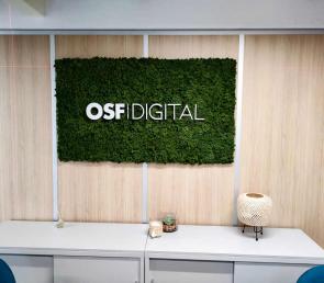 Green branding plate with logo for OSF Digital